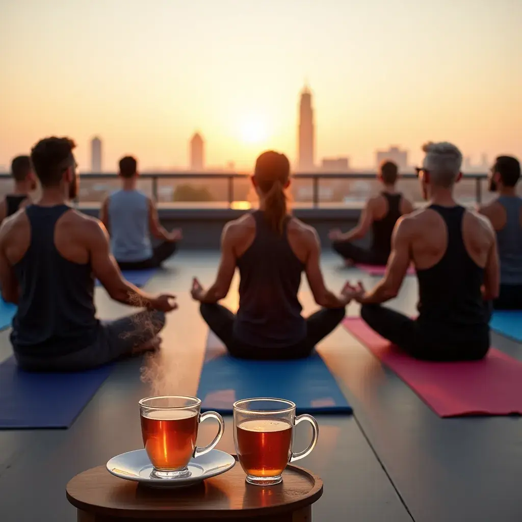 Homme dégustant une tasse de thé en pleine nature, symbole de bien-être.